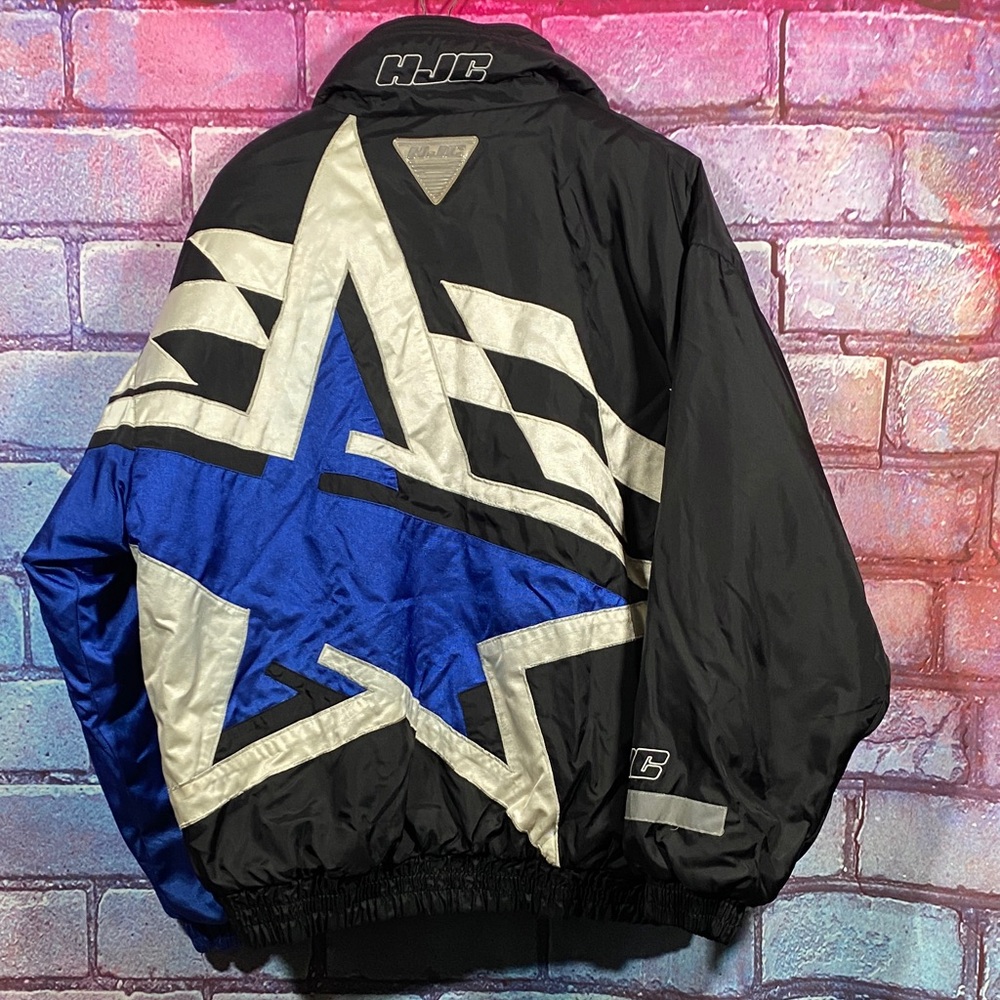 HJC Racing Star Moto Jacket Mens Large Black Blue Silver Vintage Y2K Motorcycle - Picture 3 of 9